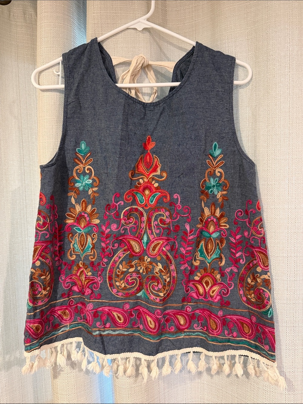 entro Denim-Look Embroidered Tank Top in Blue with Multicolor Accents